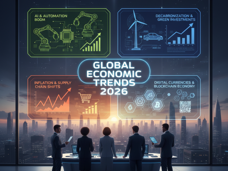 Five business professionals standing in a modern skyscraper office, looking out at a sprawling sunset city skyline through a giant glass window that displays four glowing digital dashboards: "AI & Automation Boom," "Decarbonization & Green Investments," "Inflation & Supply Chain Shifts," and "Digital Currencies & Blockchain Economy."