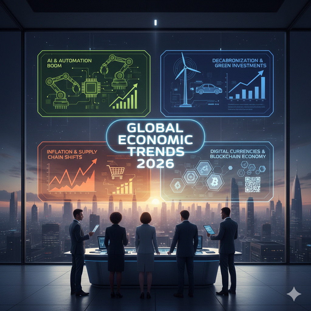 Five business professionals standing in a modern skyscraper office, looking out at a sprawling sunset city skyline through a giant glass window that displays four glowing digital dashboards: "AI & Automation Boom," "Decarbonization & Green Investments," "Inflation & Supply Chain Shifts," and "Digital Currencies & Blockchain Economy."