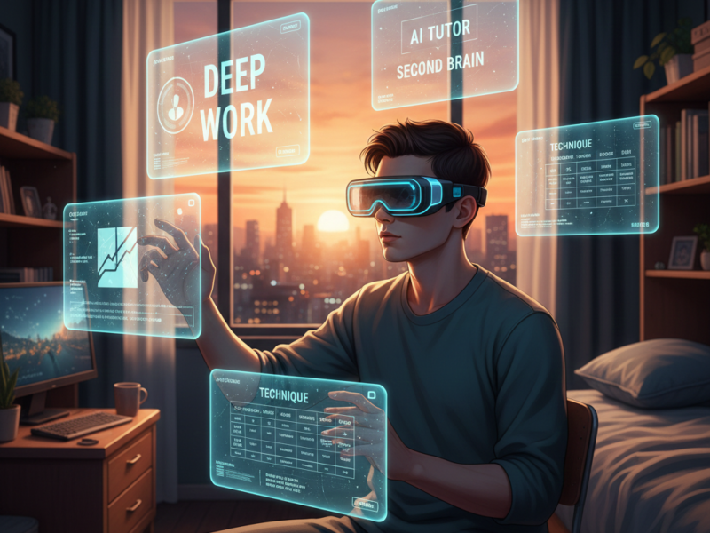 A male student wearing futuristic smart glasses sitting at a desk, interacting with glowing blue holographic screens that display "Deep Work," "AI Tutor," and study technique charts during a golden hour sunset.
