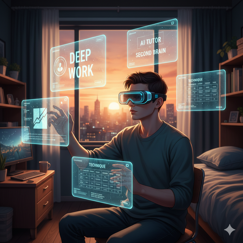 A male student wearing futuristic smart glasses sitting at a desk, interacting with glowing blue holographic screens that display "Deep Work," "AI Tutor," and study technique charts during a golden hour sunset.