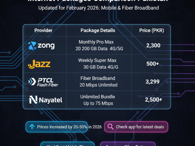 A comparison table showing monthly data limits, prices, and speeds of major Pakistani internet providers including Jazz, Zong, and PTCL Flash Fiber for 2026.