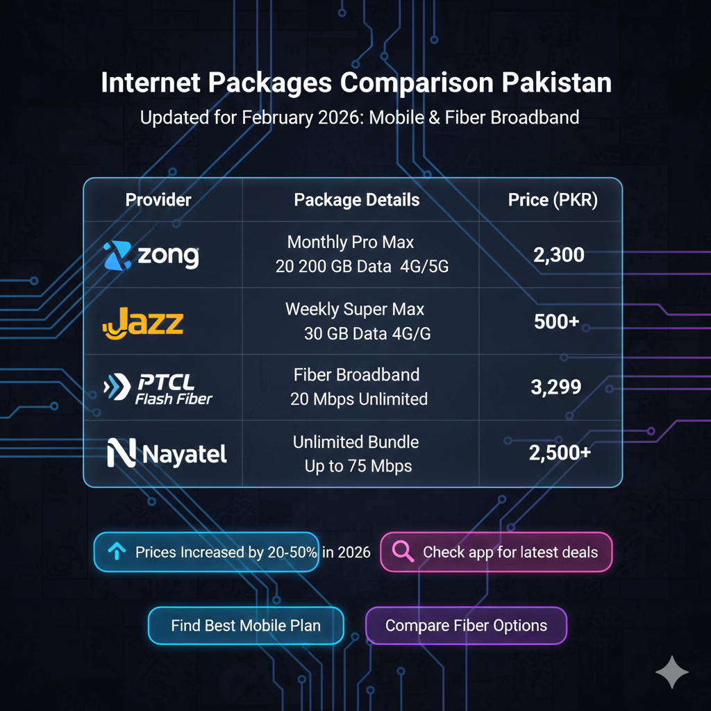 A comparison table showing monthly data limits, prices, and speeds of major Pakistani internet providers including Jazz, Zong, and PTCL Flash Fiber for 2026.