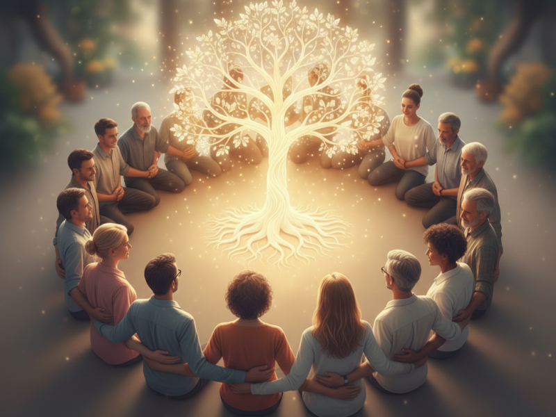 A diverse group of people sitting in a circle embracing each other with a glowing, intricate tree of light in the center, symbolizing healing and interconnectedness.
