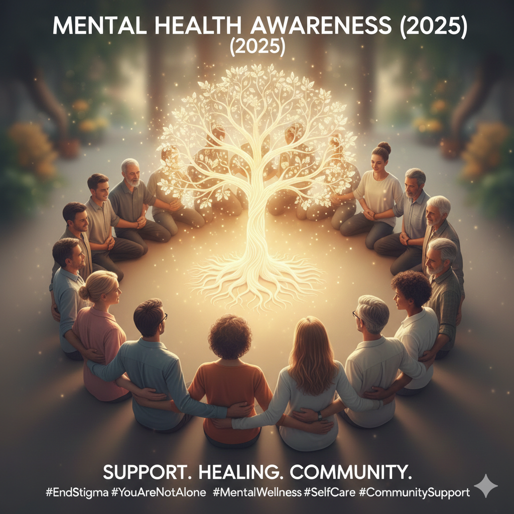 A diverse group of people sitting in a circle embracing each other with a glowing, intricate tree of light in the center, symbolizing healing and interconnectedness.