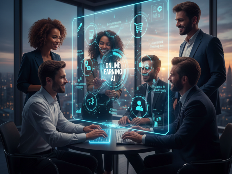 A diverse team of professionals in a modern office collaborating around a large, glowing holographic display showcasing various AI-driven income streams.