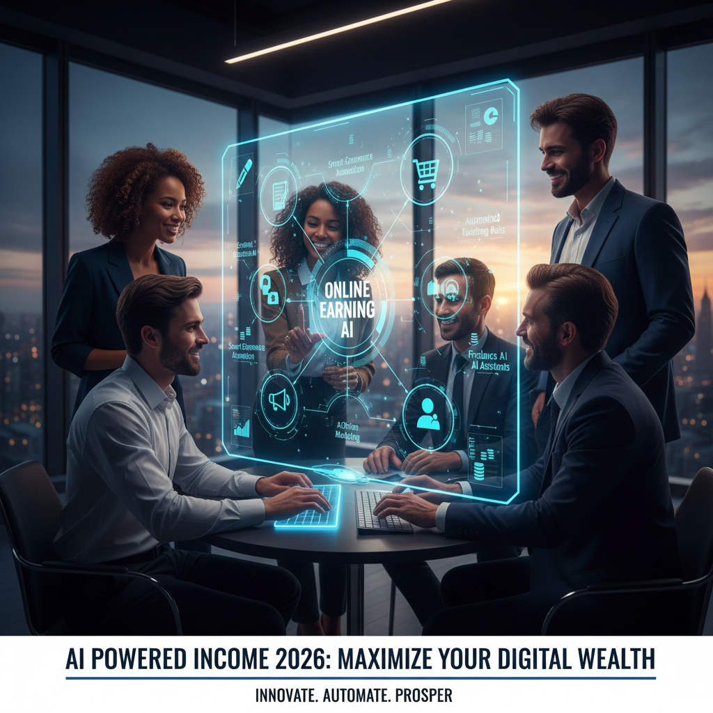 A diverse team of professionals in a modern office collaborating around a large, glowing holographic display showcasing various AI-driven income streams.