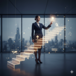 A professional woman in a suit standing before a glowing, holographic staircase of light with icons for leadership and upskilling, set against a dark city skyline.