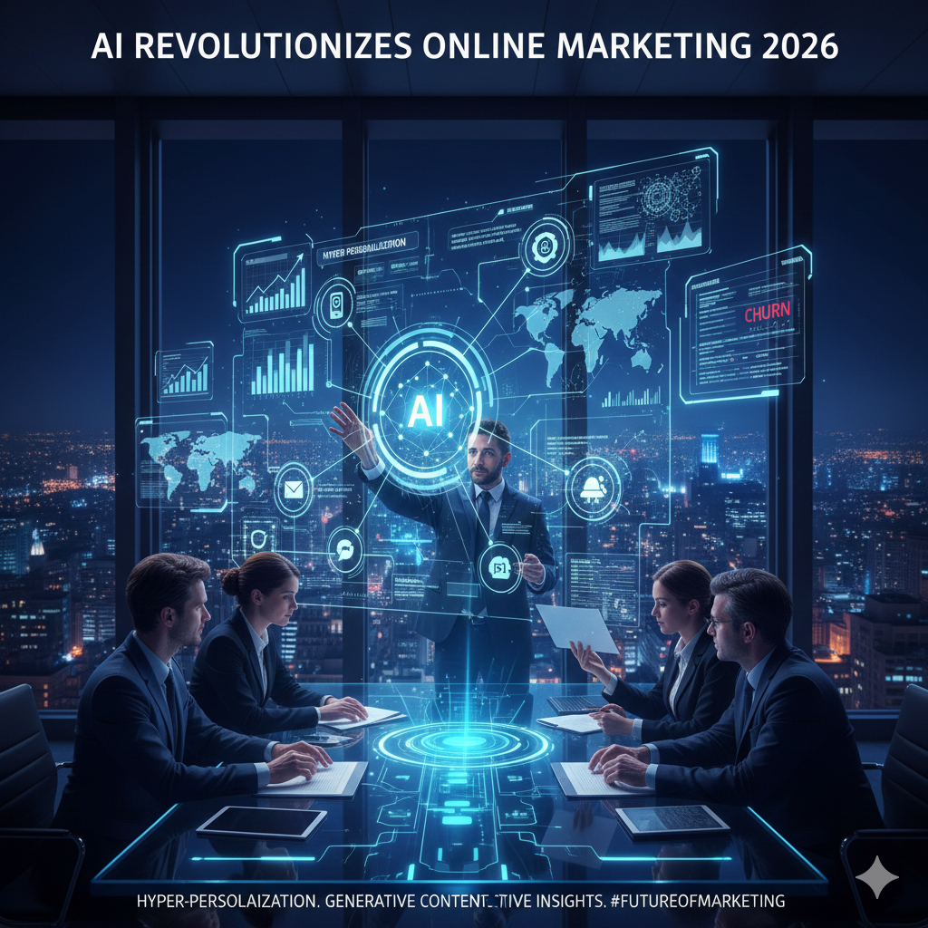 A marketing team in a high-rise office at night interacts with a large, glowing blue holographic dashboard that displays data visualizations, AI-driven customer insights, and global maps.