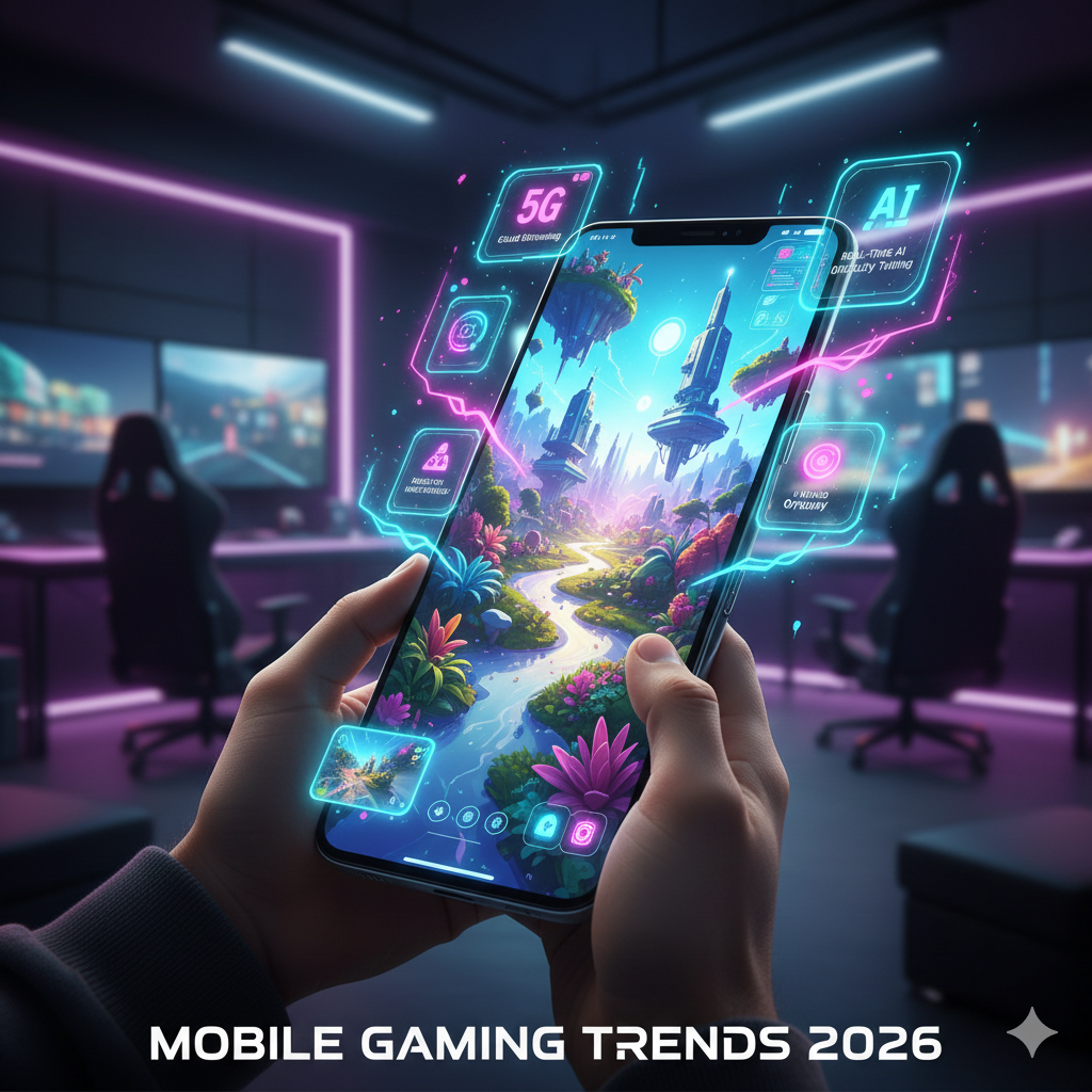 A person holding a high-tech smartphone showing a vibrant fantasy world with floating neon UI icons for 5G, AI, and Cloud Gaming in a purple-lit room.