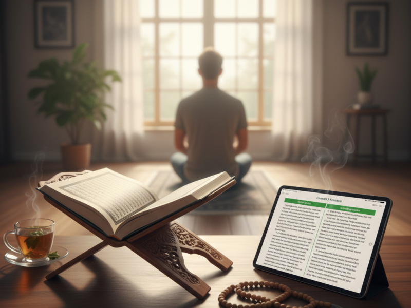 A digital tablet displaying Quranic text with translation sits on a wooden desk next to a traditional open Quran, with a man reflecting in the background.