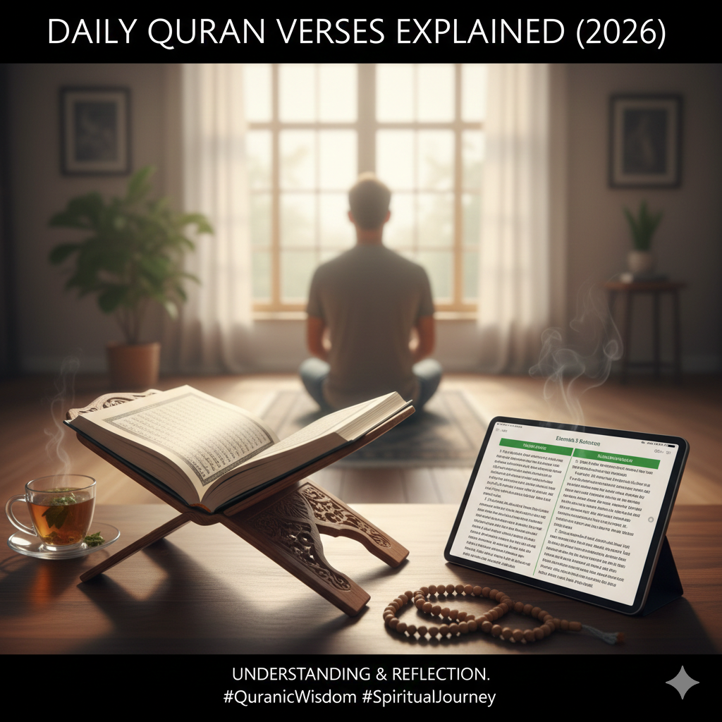 A digital tablet displaying Quranic text with translation sits on a wooden desk next to a traditional open Quran, with a man reflecting in the background.