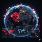 A high-resolution 3D digital globe at night, with glowing red and blue network lines connecting continents. A large, menacing skull composed of red binary code is superimposed over the Atlantic, while holographic windows display "Global Cyber Attack Logs," rising bar graphs of ransomware payouts, and a laptop screen flashing a "System Compromised" alert.