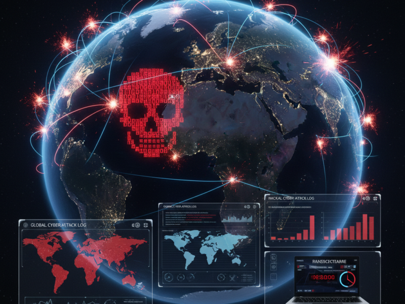 A high-resolution 3D digital globe at night, with glowing red and blue network lines connecting continents. A large, menacing skull composed of red binary code is superimposed over the Atlantic, while holographic windows display "Global Cyber Attack Logs," rising bar graphs of ransomware payouts, and a laptop screen flashing a "System Compromised" alert.