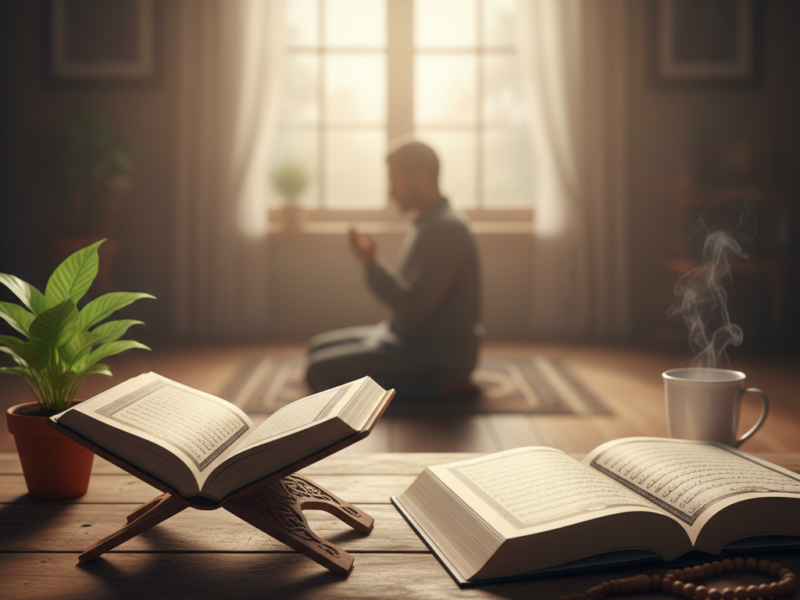 A peaceful, minimalist scene showing an open book of Hadith next to a serene indoor plant and a cup of tea on a wooden desk, symbolizing reflection and learning.