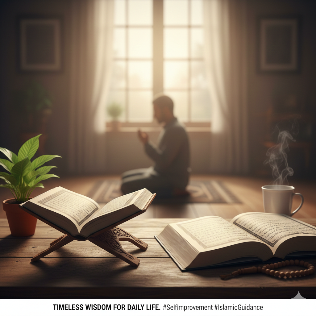 A peaceful, minimalist scene showing an open book of Hadith next to a serene indoor plant and a cup of tea on a wooden desk, symbolizing reflection and learning.
