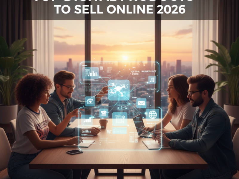 A diverse group of young entrepreneurs sitting around a conference table collaborating on a glowing digital product ecosystem.