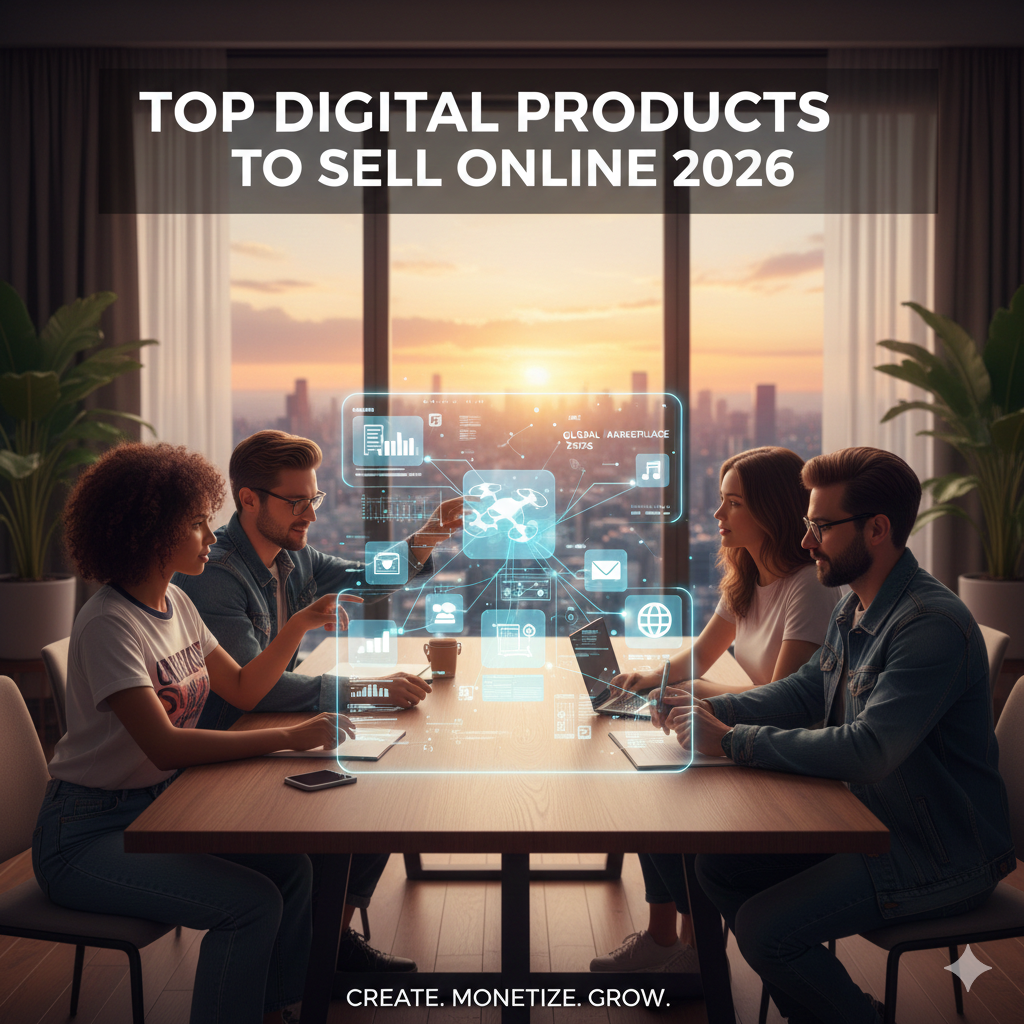 A diverse group of young entrepreneurs sitting around a conference table collaborating on a glowing digital product ecosystem.