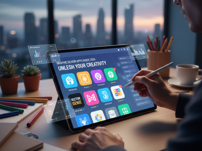 A close-up shot of a designer’s hand using a stylus on a tablet, displaying a user interface with various colorful app icons for vector illustration and photo editing.