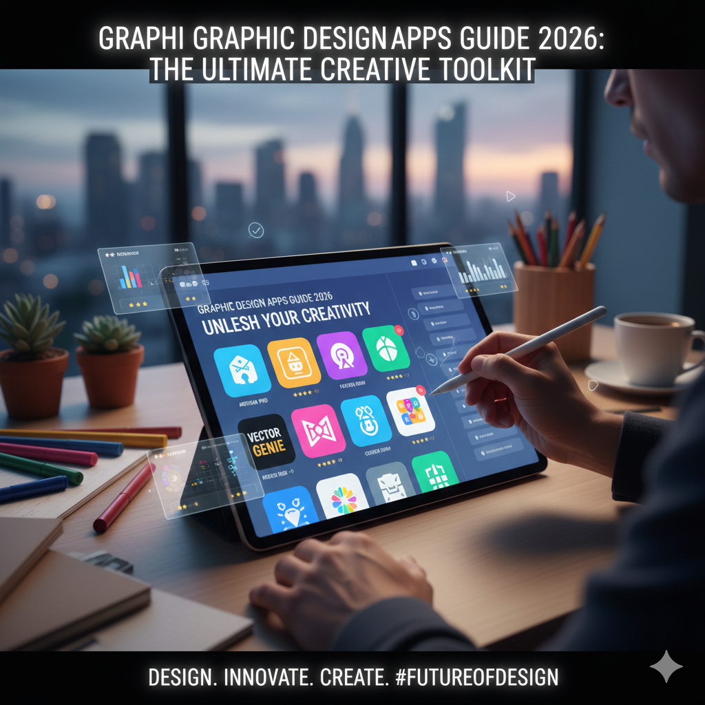 A close-up shot of a designer’s hand using a stylus on a tablet, displaying a user interface with various colorful app icons for vector illustration and photo editing.