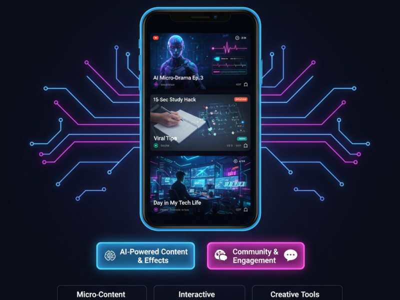 A dynamic visual of a smartphone screen showing a YouTube Shorts feed with trending elements like AI-generated avatars, fast-paced editing, and popular music wave forms on a neon background.