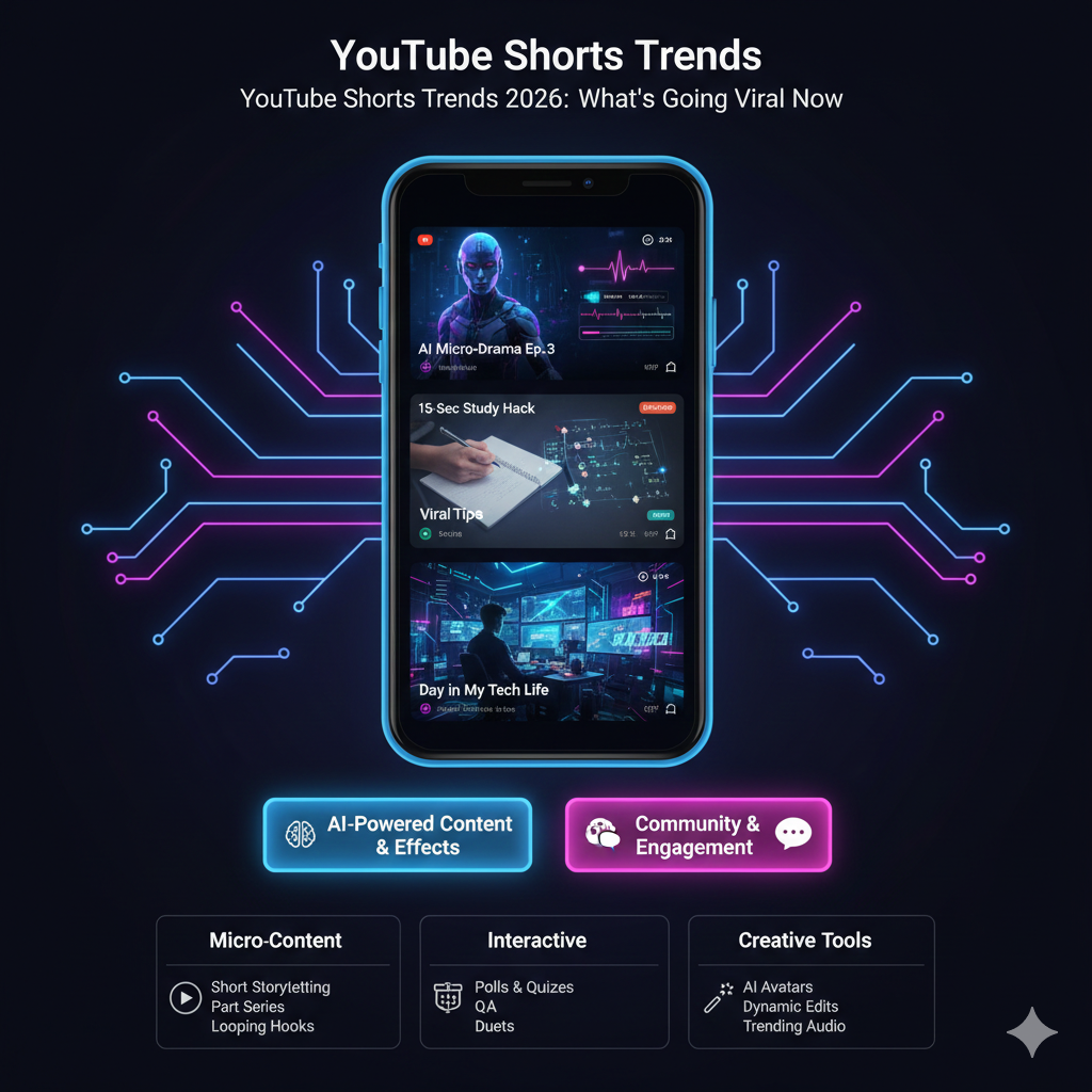 A dynamic visual of a smartphone screen showing a YouTube Shorts feed with trending elements like AI-generated avatars, fast-paced editing, and popular music wave forms on a neon background.