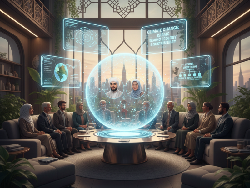 A diverse council in a modern office discussing global issues via holographic displays.