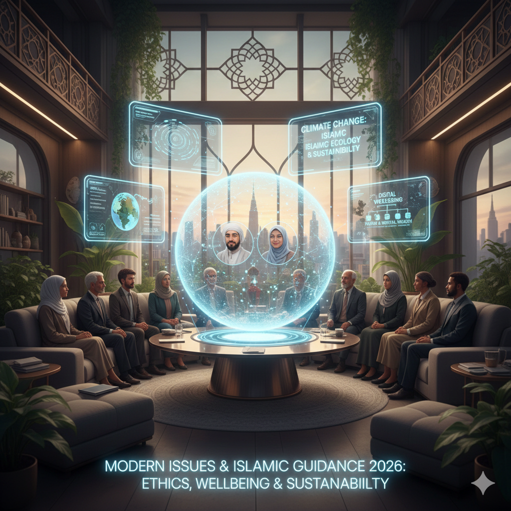 A diverse council in a modern office discussing global issues via holographic displays.