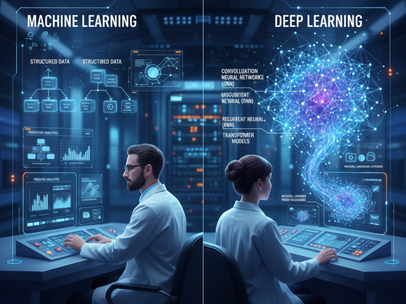 A side-by-side comparison infographic showing a human engineer feeding structured data into a Machine Learning model on the left, and a complex neural network diagram processing unstructured data on the right.