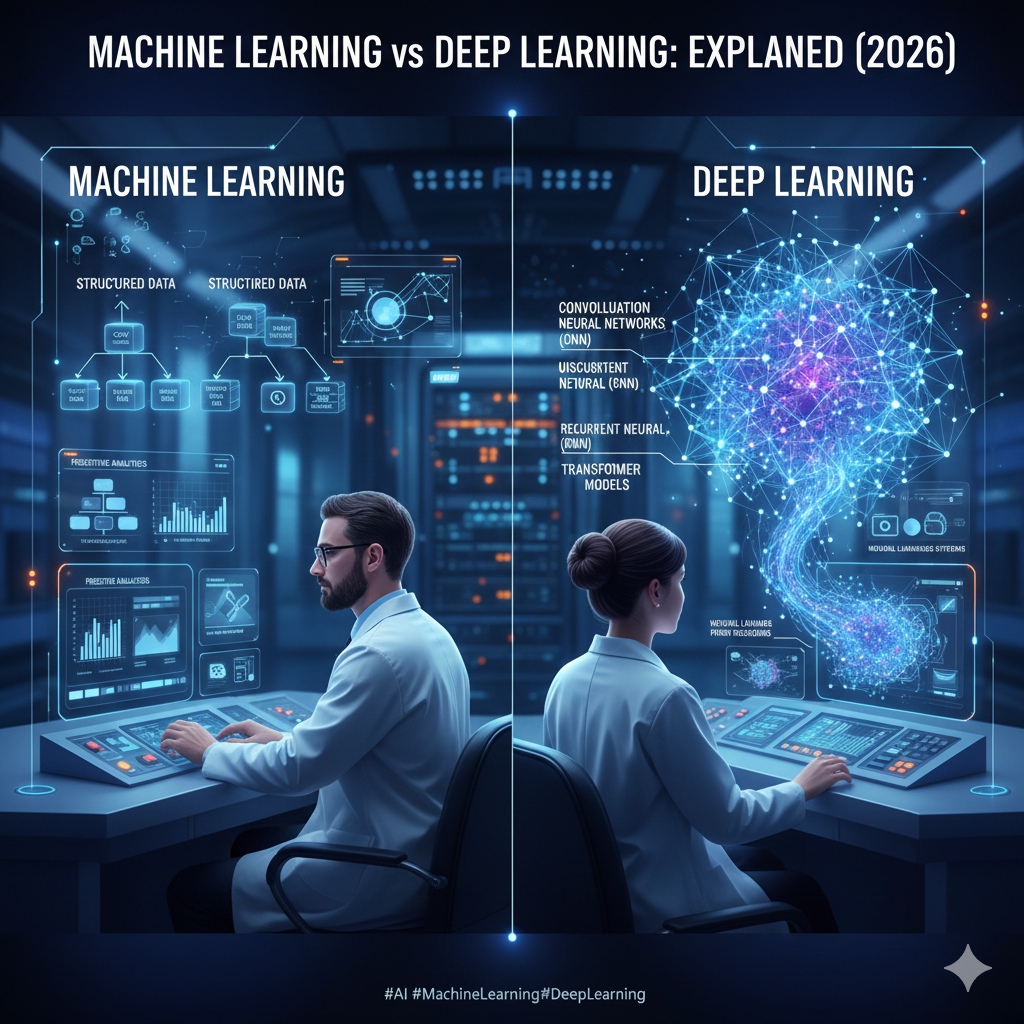 A side-by-side comparison infographic showing a human engineer feeding structured data into a Machine Learning model on the left, and a complex neural network diagram processing unstructured data on the right.