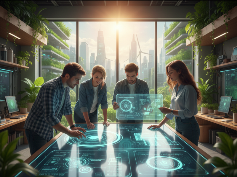 A team of four engineers stands around a large interactive digital table in a modern, plant-filled office, analyzing blue holographic schematics of green technology with a sunlit futuristic cityscape in the background.
