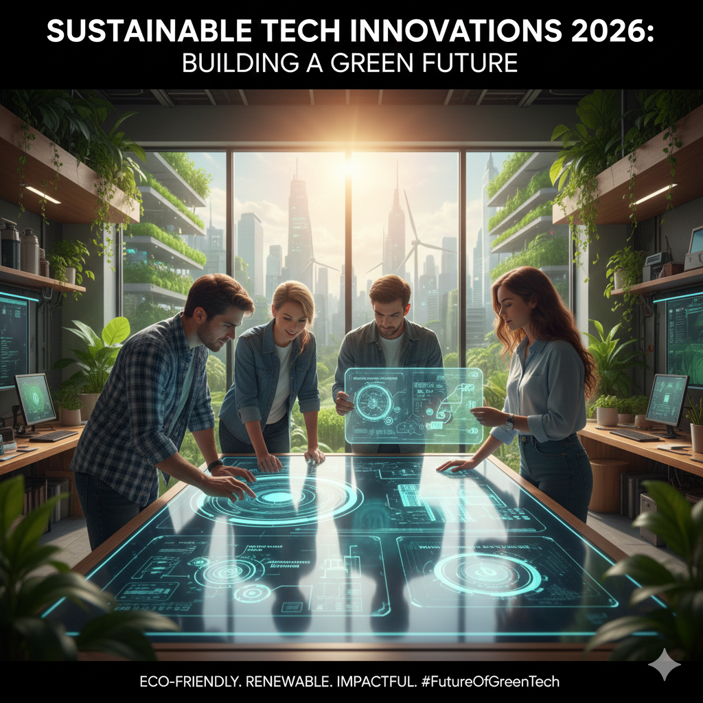 A team of four engineers stands around a large interactive digital table in a modern, plant-filled office, analyzing blue holographic schematics of green technology with a sunlit futuristic cityscape in the background.