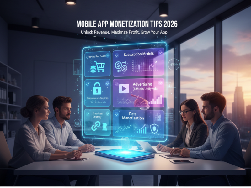 A team of business professionals sitting at a conference table in a modern high-rise office, analyzing holographic charts showing app revenue growth and user engagement metrics.
