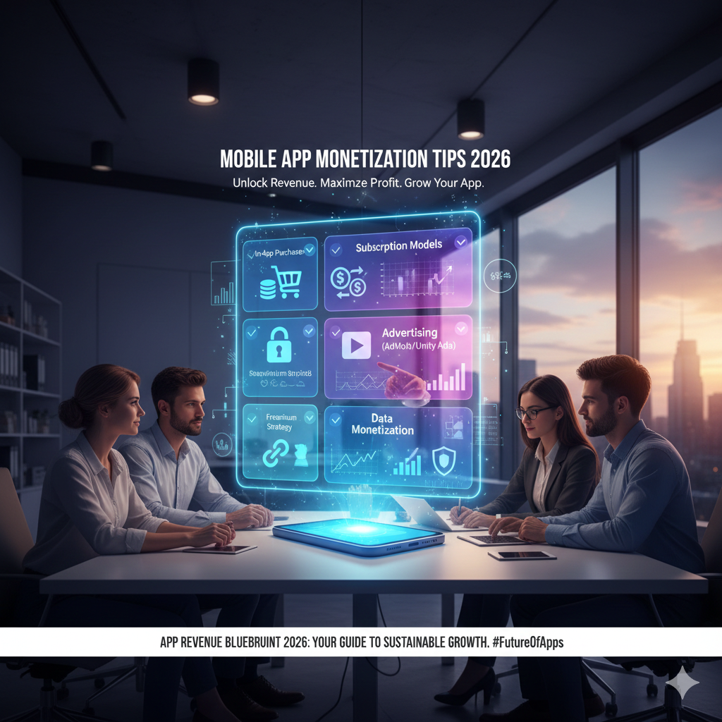 A team of business professionals sitting at a conference table in a modern high-rise office, analyzing holographic charts showing app revenue growth and user engagement metrics.