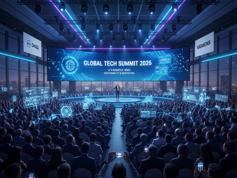 A wide shot of a large, futuristic conference hall with hundreds of attendees facing a stage where a speaker presents in front of a massive curved screen displaying "GLOBAL TECH SUMMIT 2026," illuminated by neon blue and purple lights, with logos of major tech companies visible.