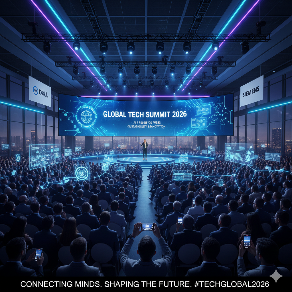 A wide shot of a large, futuristic conference hall with hundreds of attendees facing a stage where a speaker presents in front of a massive curved screen displaying "GLOBAL TECH SUMMIT 2026," illuminated by neon blue and purple lights, with logos of major tech companies visible.