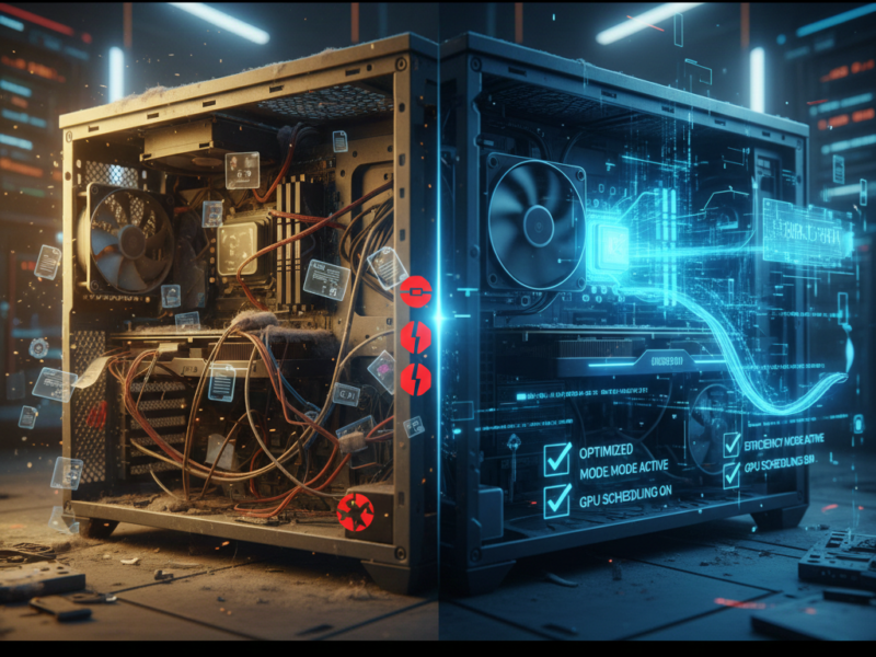 A split-view digital illustration of a computer case: the left side shows a dusty, cluttered interior with tangled wires labeled "Before," while the right side shows a clean, glowing blue "After" version with organized components and digital data streams labeled "Turbocharged."