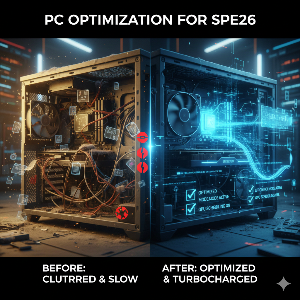 A split-view digital illustration of a computer case: the left side shows a dusty, cluttered interior with tangled wires labeled "Before," while the right side shows a clean, glowing blue "After" version with organized components and digital data streams labeled "Turbocharged."
