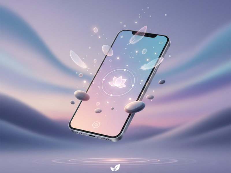 A floating smartphone displaying a minimalist meditation app interface with glowing lotus and floating zen stones against a soft lavender gradient background.