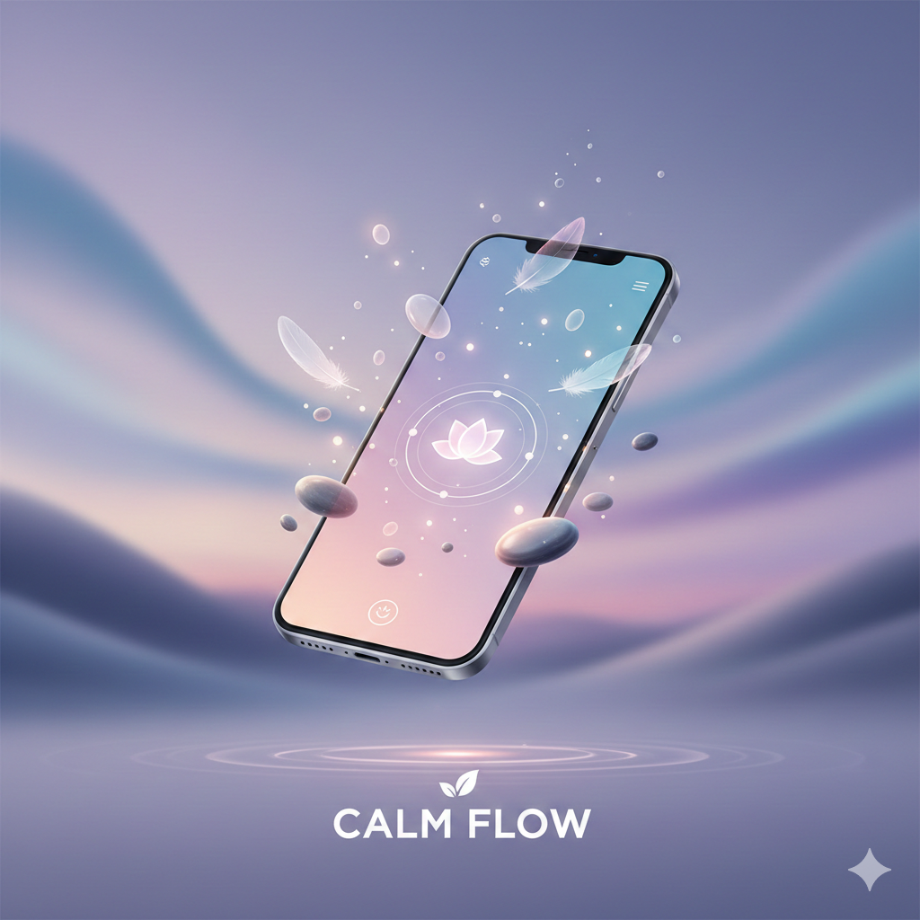 A floating smartphone displaying a minimalist meditation app interface with glowing lotus and floating zen stones against a soft lavender gradient background.