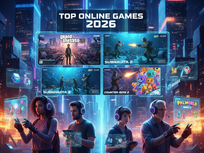A diverse group of gamers—a woman, two men, and a young boy—wearing sleek neon headsets and interacting with floating holographic game posters for "Grand Theft Auto VI," "Subnautica 2," and "Counter-Strike 2" against a futuristic cyberpunk city backdrop.
