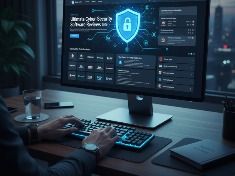 A person's hands are typing on a keyboard in a dimly lit room, with a computer monitor displaying a modern cyber-security dashboard featuring a glowing blue shield icon in the center.