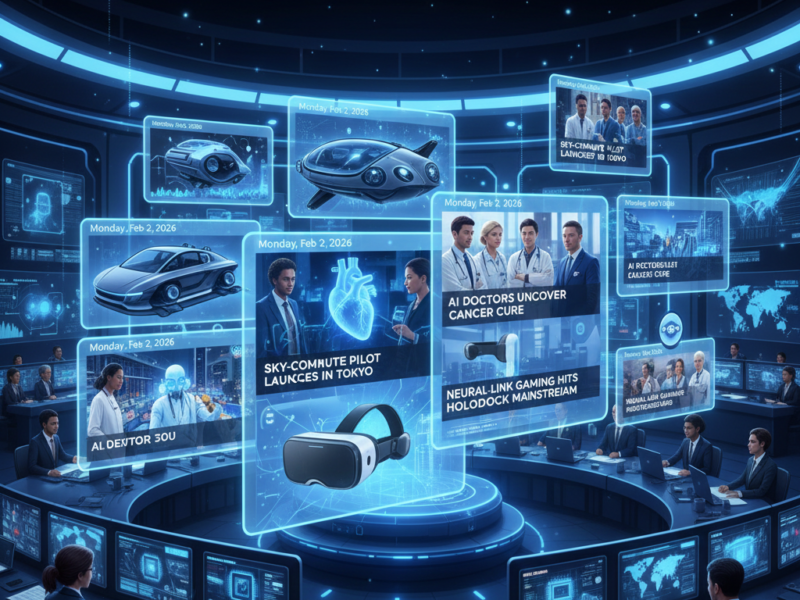 A high-tech newsroom command center showing various digital screens with headlines about 2026 technology breakthroughs.