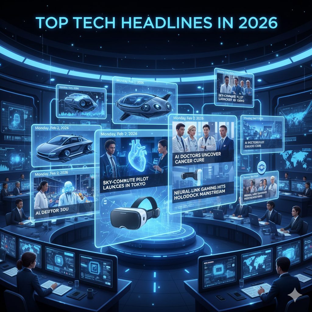 A high-tech newsroom command center showing various digital screens with headlines about 2026 technology breakthroughs.