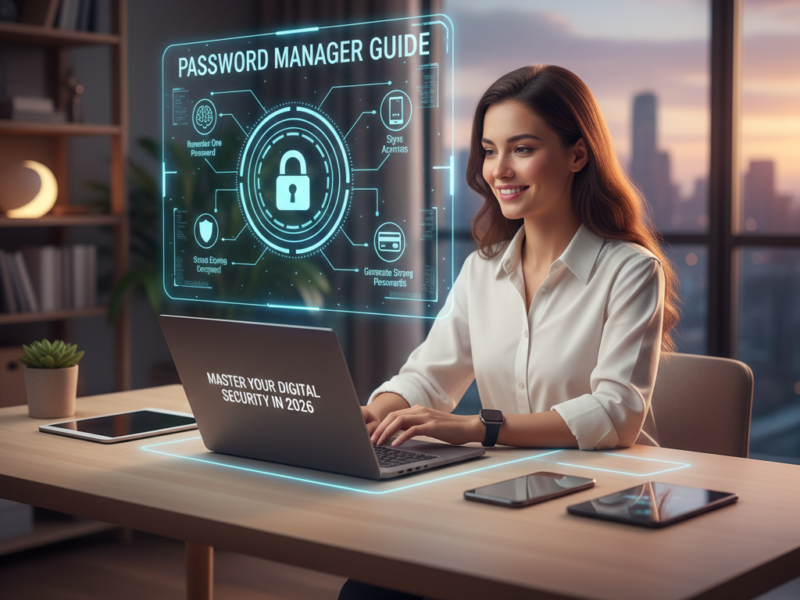 A woman smiling while using a laptop to secure her online accounts via a glowing holographic interface displaying password manager features.