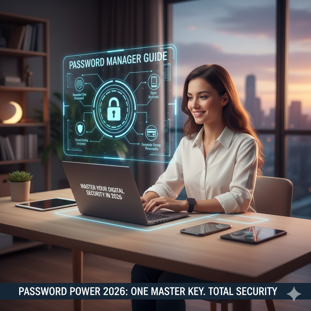 A woman smiling while using a laptop to secure her online accounts via a glowing holographic interface displaying password manager features.