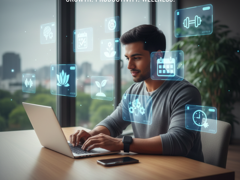 A person sitting at a desk with a laptop and smartphone, surrounded by holographic icons representing productivity, learning, and mindfulness, suggesting a balanced use of technology.