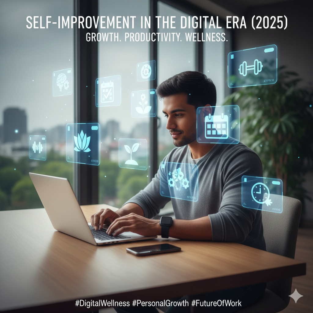 A person sitting at a desk with a laptop and smartphone, surrounded by holographic icons representing productivity, learning, and mindfulness, suggesting a balanced use of technology.