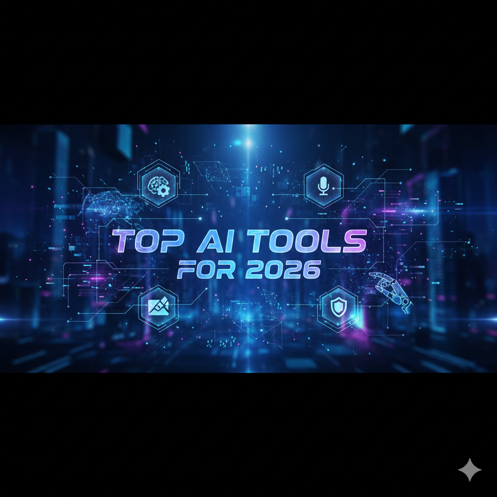 A futuristic infographic showcasing 2026's top AI categories including machine learning, generative audio, and automated development in a glowing blue circular tech interface.