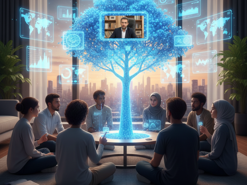 A diverse group of young men and women sitting in a circle around a low table in a modern apartment, where a luminous, blue holographic tree rises from the center displaying various data screens and a video of an instructor.