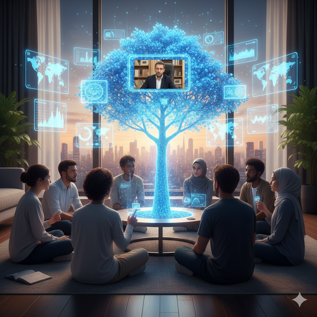 A diverse group of young men and women sitting in a circle around a low table in a modern apartment, where a luminous, blue holographic tree rises from the center displaying various data screens and a video of an instructor.